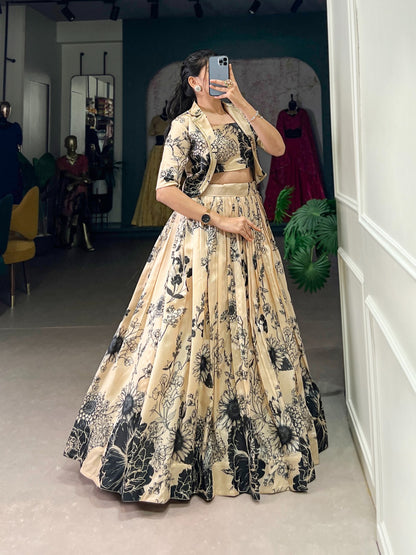 Tasar Silk Floral Print Lehenga Choli with Koti (Fully Stitched)