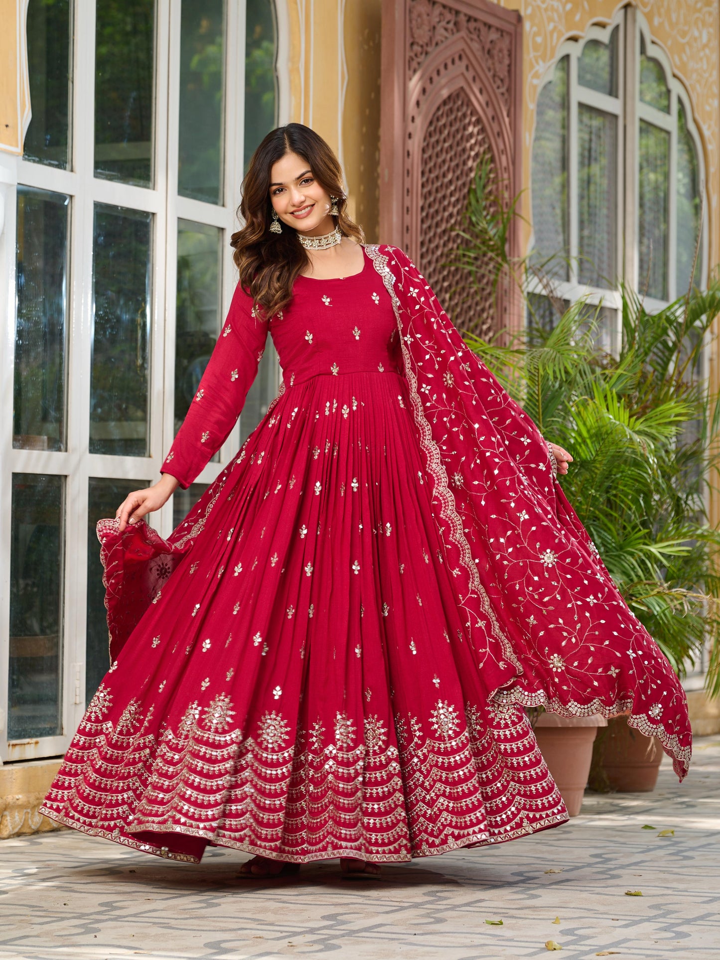 Women’s Designer Vichitra Silk Embroidered Gown with Dupatta