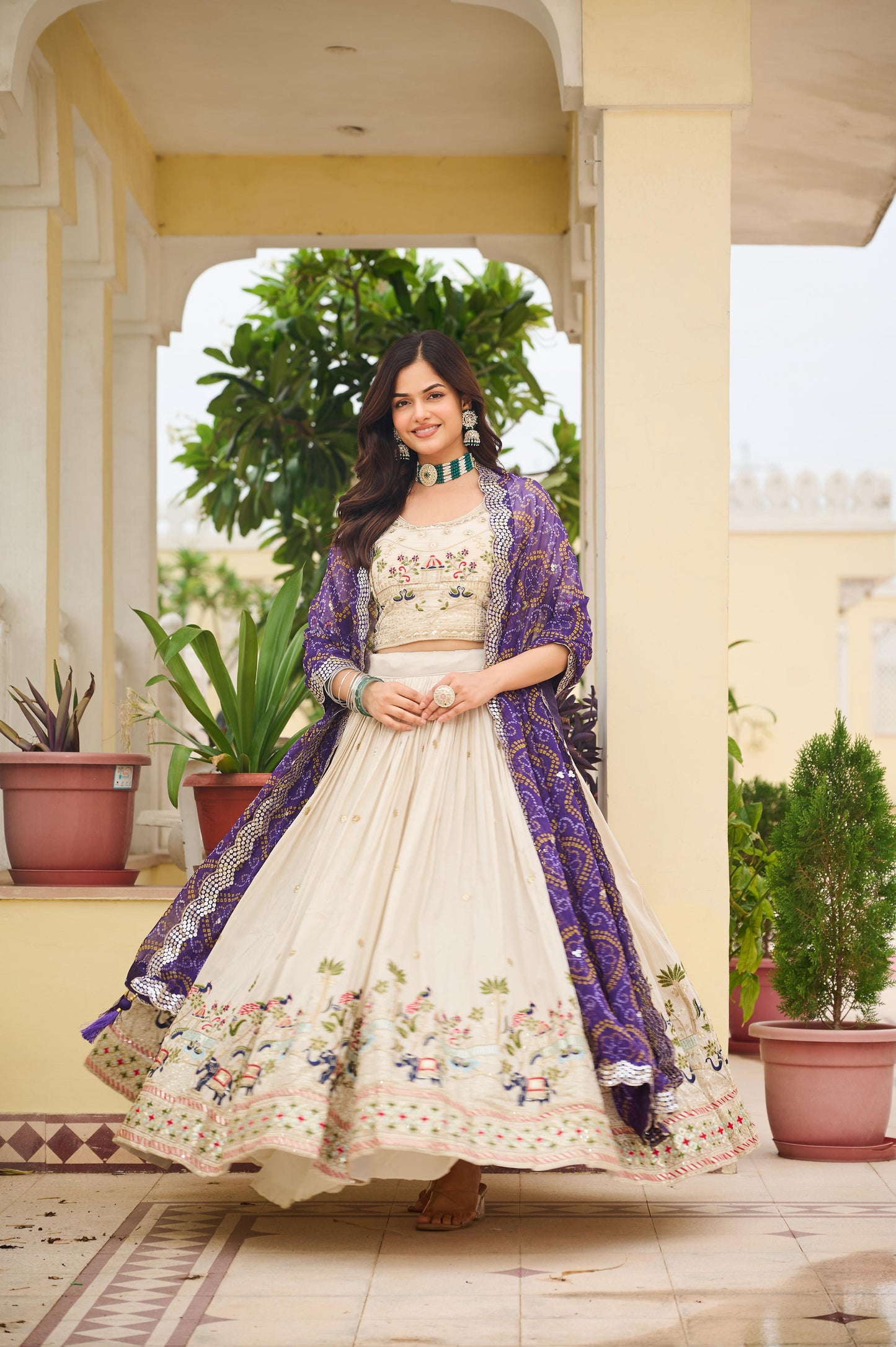 Women’s Pure Tissue Silk Embroidered Lehenga Choli Set with Bandhej Georgette Dupatta