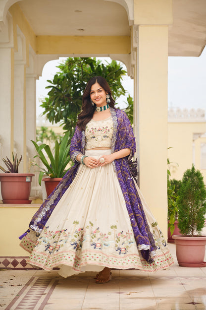 Women’s Pure Tissue Silk Embroidered Lehenga Choli Set with Bandhej Georgette Dupatta