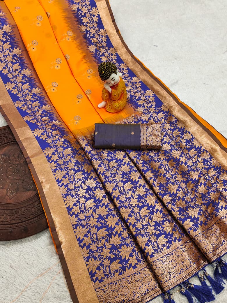 Pure Banarasi Silk Saree with Zari & Meena Work Rich Pallu, All Over Butti Design with Heavy Contrast Border, Soft Traditional Wedding Saree with Contrast Weaving Blouse
