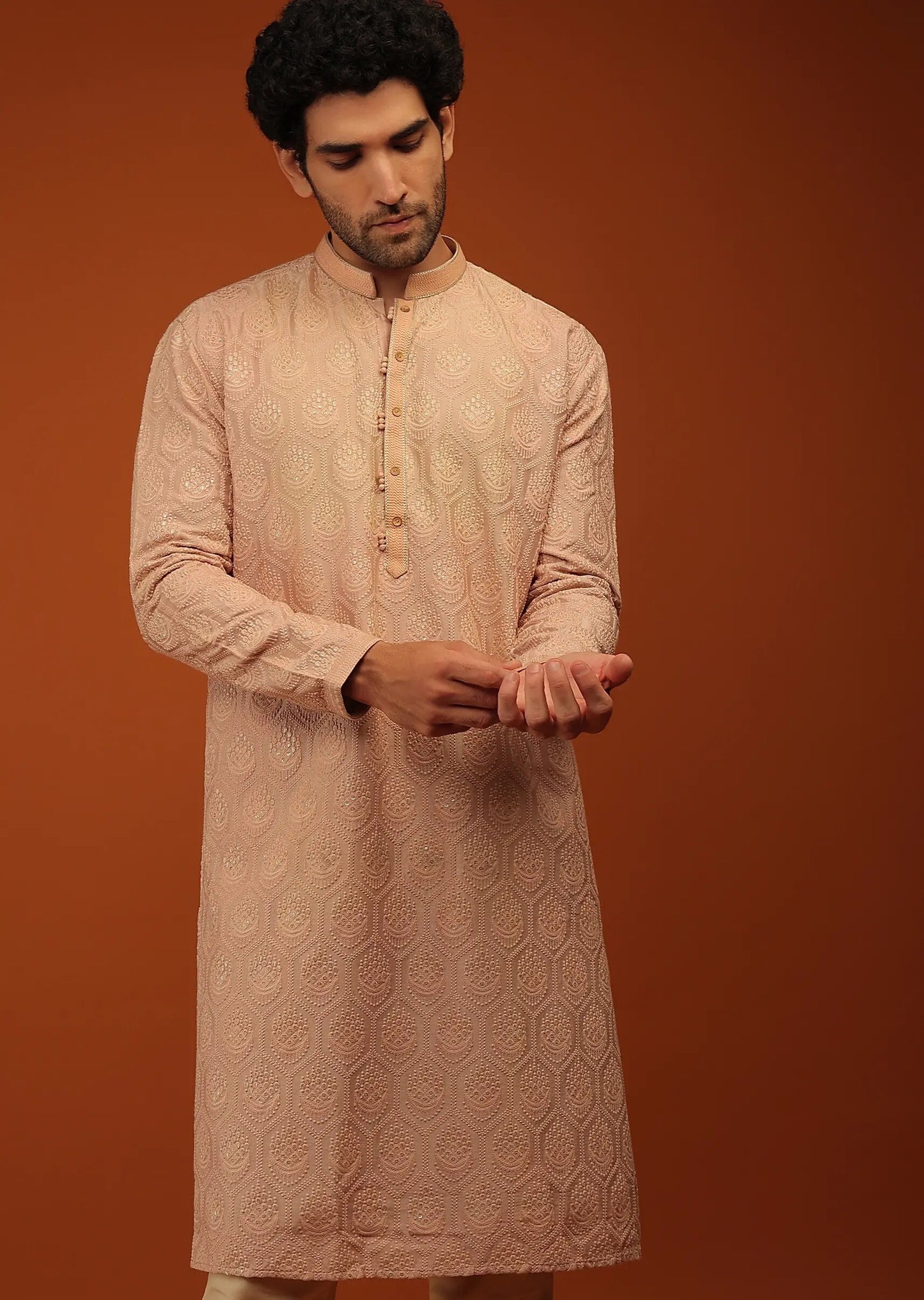 Mens Chikankari Kurta Pyjama Set: Dola Silk Indian Wedding Outfit