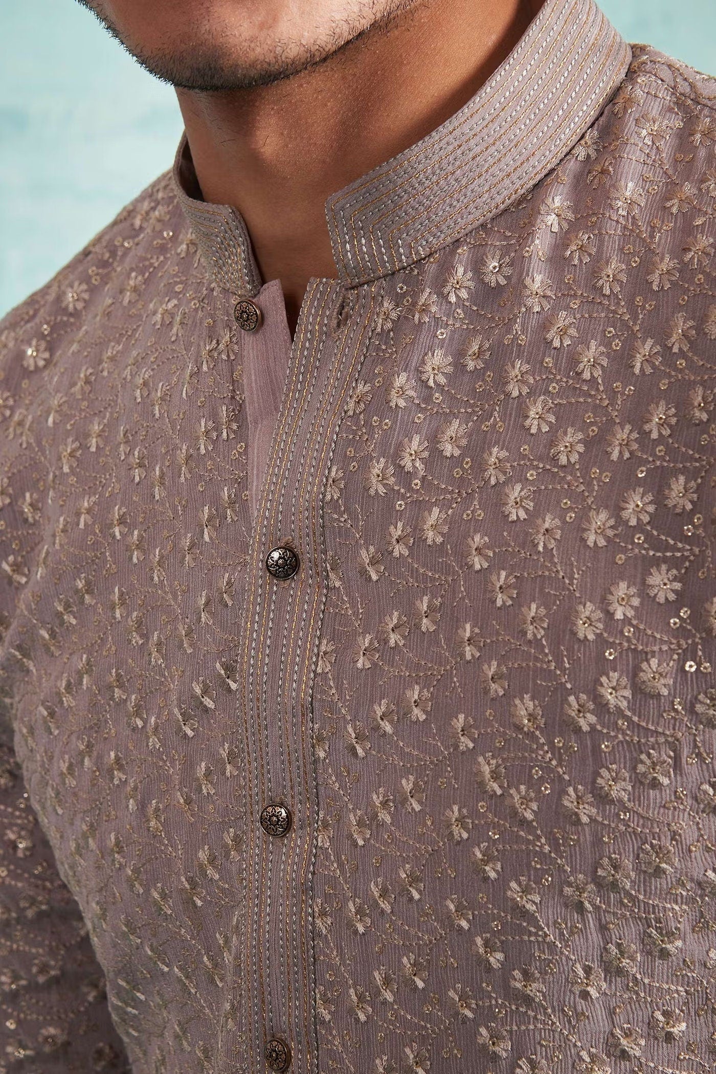 Mens Grey Embroidered Kurta Pajama Set: Indian Wedding Outfit