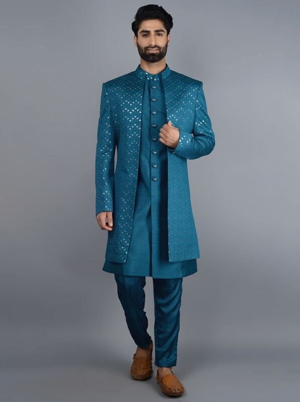 handmade embroidery mens wedding wear indowestern, function wear, festival wear, sherwani long waistcoat mens wear, embroidery indowestern