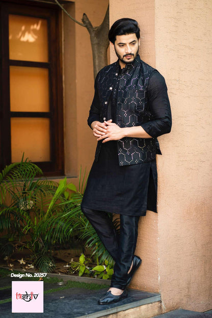 Mens Handmade Cotton Kurta Pajama Set with Nehru Jacket