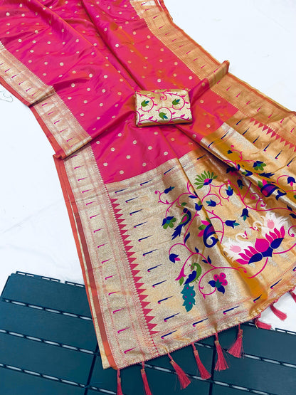 Pure Banarasi Paithani Pallu Saree with All Over Butti Design & Meena Weaving Work, Premium Designer Silk Saree with Full Weaving Blouse