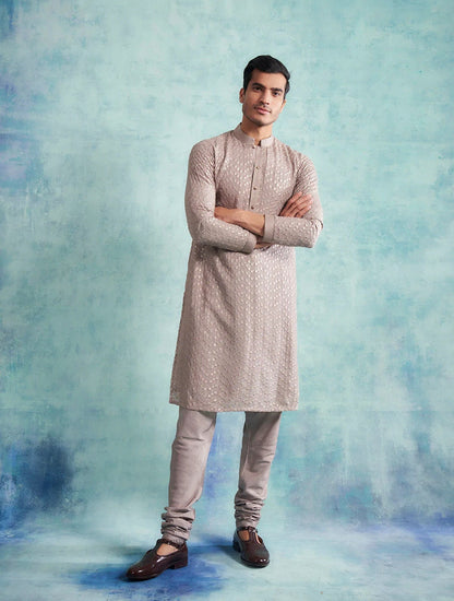 Mens Grey Embroidered Kurta Pajama Set: Indian Wedding Outfit