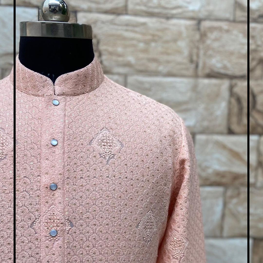Mens Chikankari Kurta Pajama Set: Georgette Indian Wedding Outfit