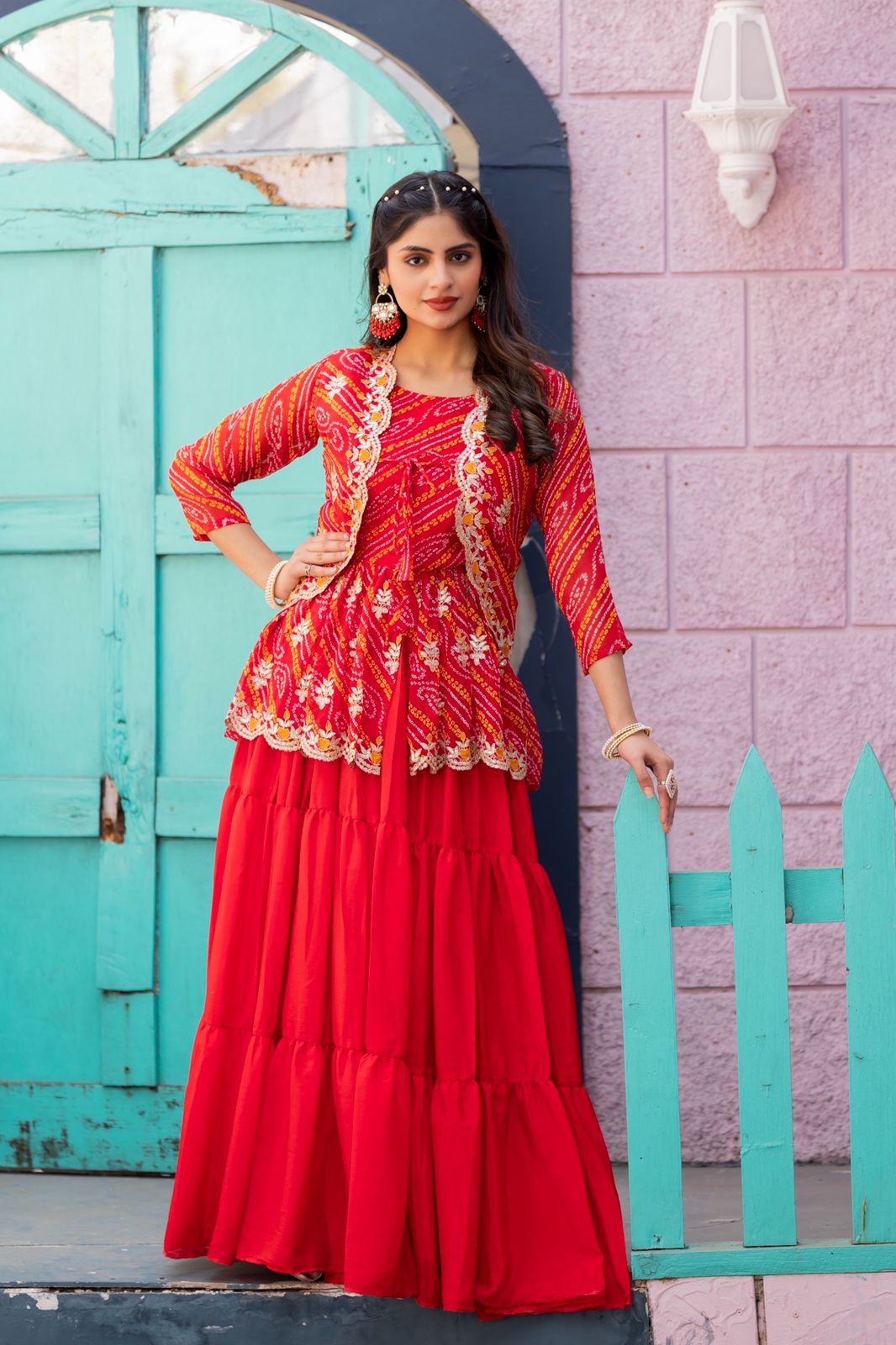 Pure Bandhej Crop Top with Chinon Lehenga & Embroidered Jacket Set – Heavy Thread Work