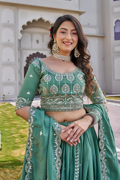 Women’s Heavy 7mm Sequence Embroidery Lehenga Choli Set with Dupatta – Pure Crepe Silk Designer Lehenga