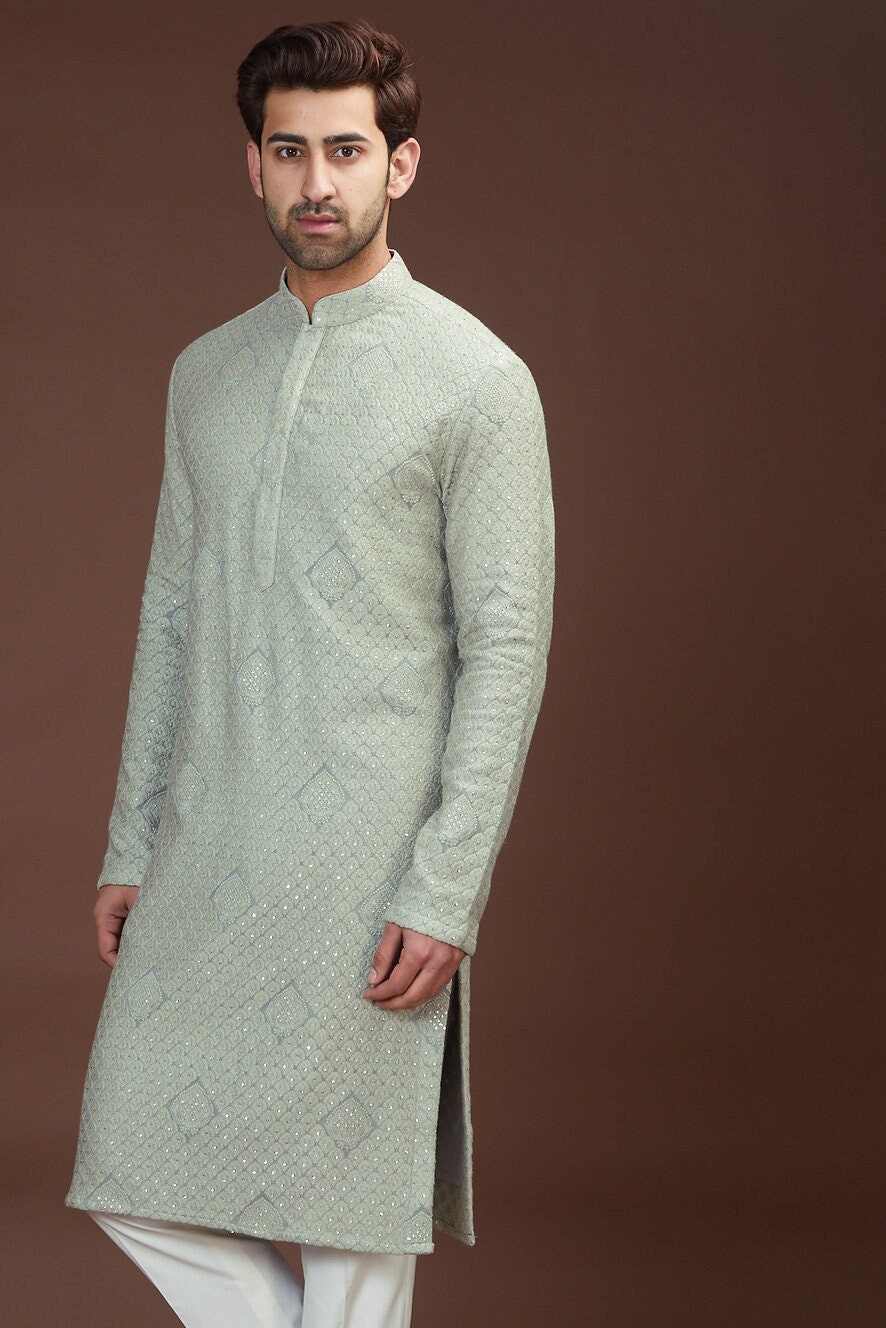 Mens Chikankari Kurta Pajama Set: Georgette Indian Wedding Outfit