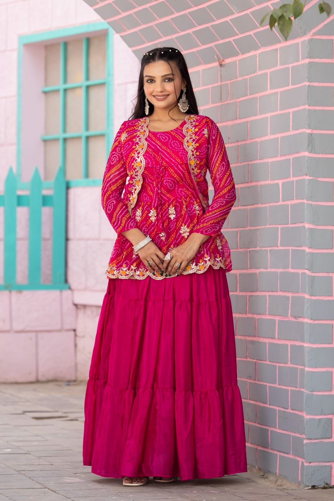 Pure Bandhej Crop Top with Chinon Lehenga & Embroidered Jacket Set – Heavy Thread Work
