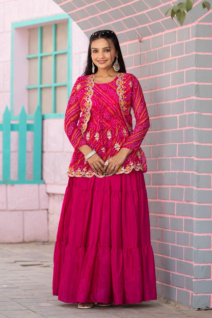 Pure Bandhej Crop Top with Chinon Lehenga & Embroidered Jacket Set – Heavy Thread Work