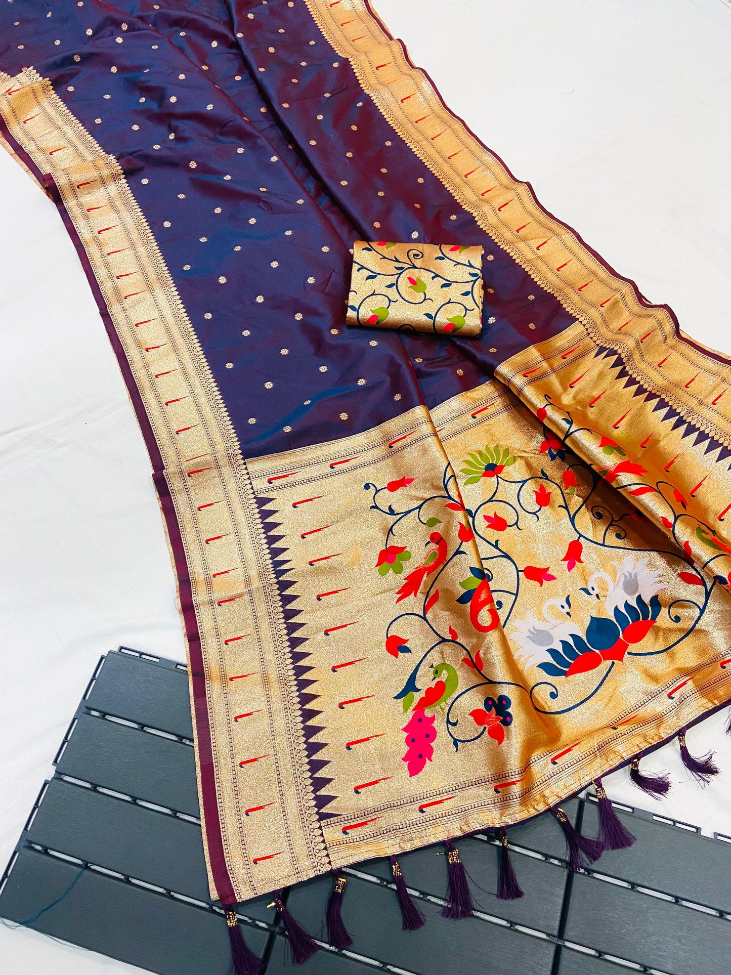 Pure Banarasi Paithani Pallu Saree with All Over Butti Design & Meena Weaving Work, Premium Designer Silk Saree with Full Weaving Blouse