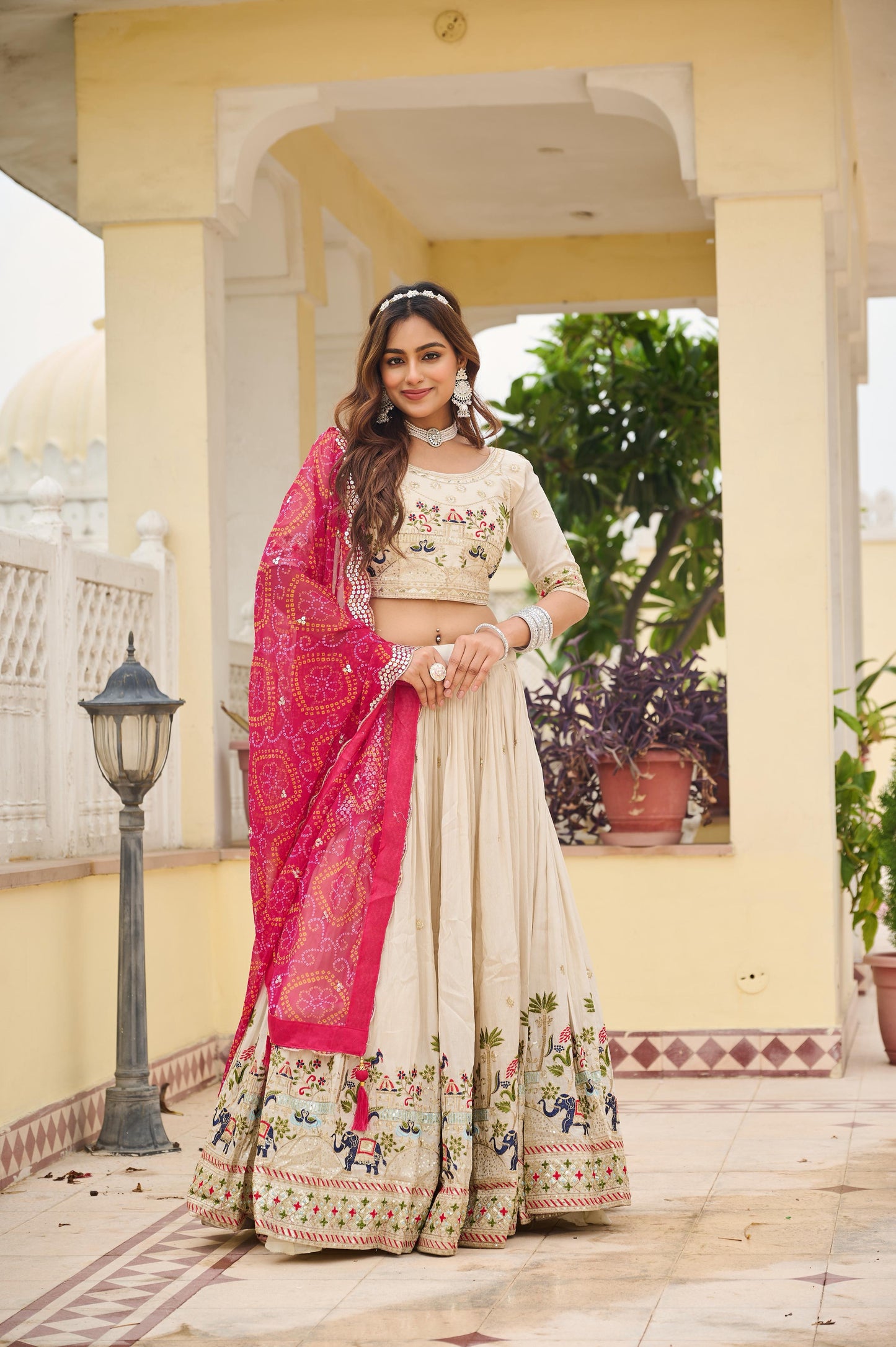 Women’s Pure Tissue Silk Embroidered Lehenga Choli Set with Bandhej Georgette Dupatta