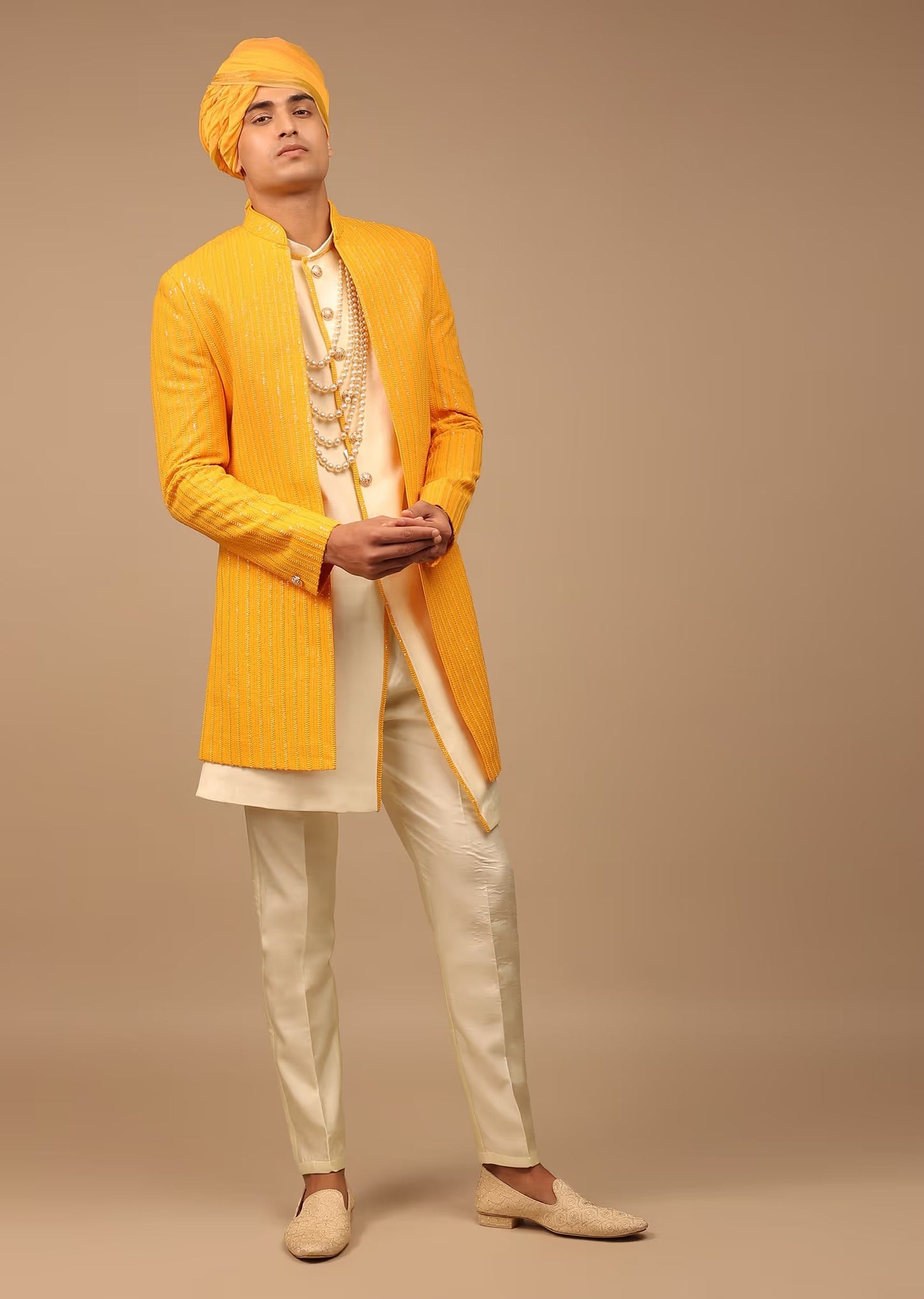 Yellow Colour handmade embroidery mens wedding wear indowestern, function wear, festival wear, embroidery indowestern in menswear