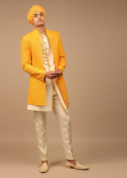Yellow Colour handmade embroidery mens wedding wear indowestern, function wear, festival wear, embroidery indowestern in menswear