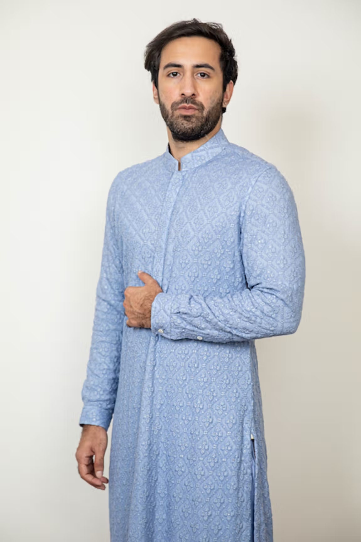 Mens Beige Chikankari Kurta Pajama Set: Indian Wedding Outfit