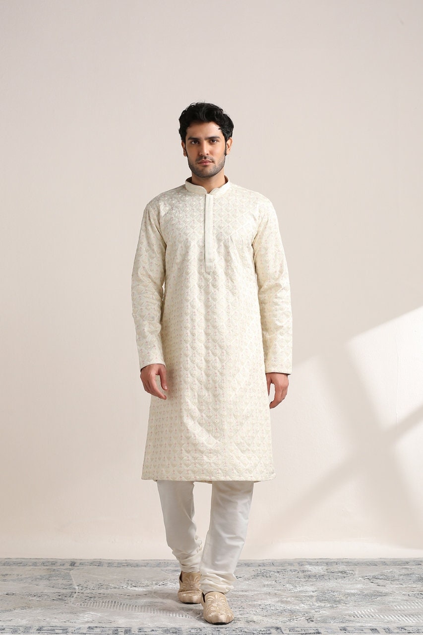 Handmade Off White Tusser Silk Kurta Churidar Set: Indian Wedding Wear
