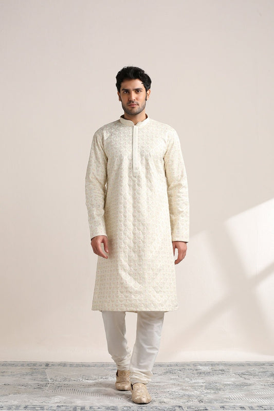 Handmade Off White Tusser Silk Kurta Churidar Set: Indian Wedding Wear