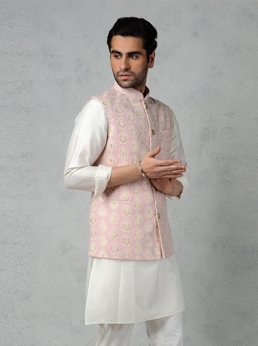 Mens Handmade Embroidered Waistcoat Set: Cotton Kurta Pajama