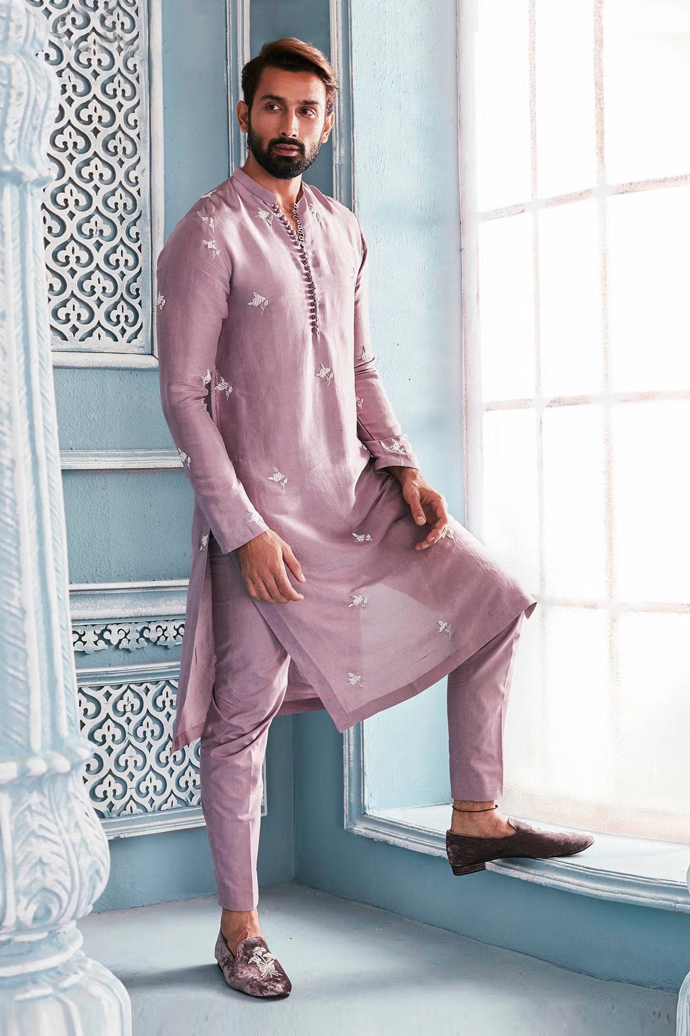 Lilac color Raw silk bespoke embroidery wedding wear kurta Pajama set