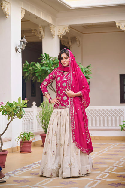 Pure Chinon Heavy Embroidery Cording Sequence Kurti with Tissue Silk Lehenga & Dupatta