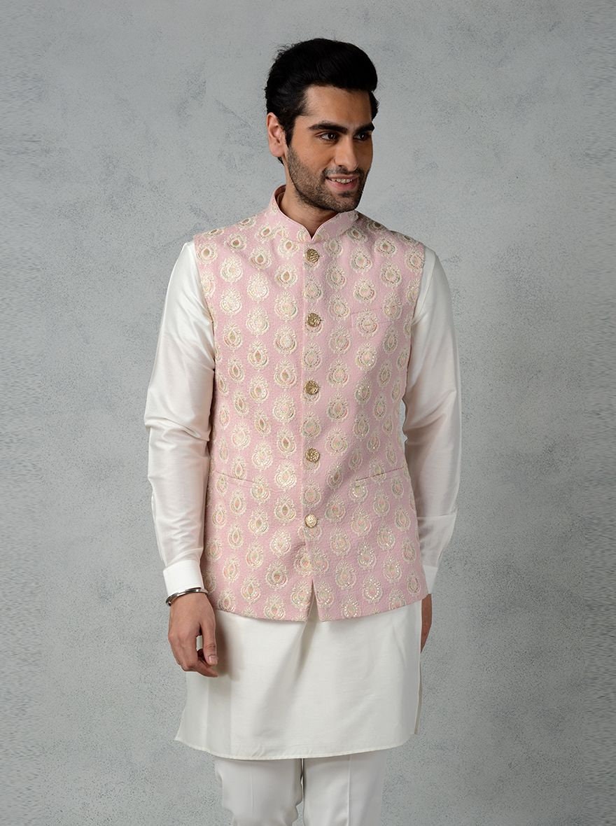 Mens Handmade Embroidered Waistcoat Set: Cotton Kurta Pajama
