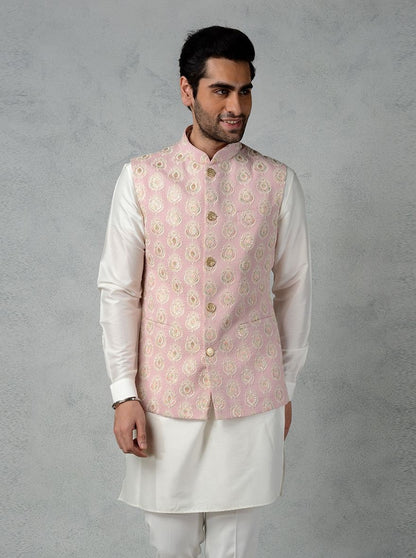Mens Handmade Embroidered Waistcoat Set: Cotton Kurta Pajama