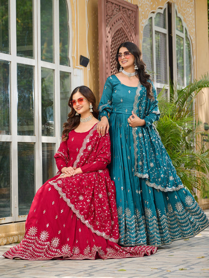 Women’s Designer Vichitra Silk Embroidered Gown with Dupatta