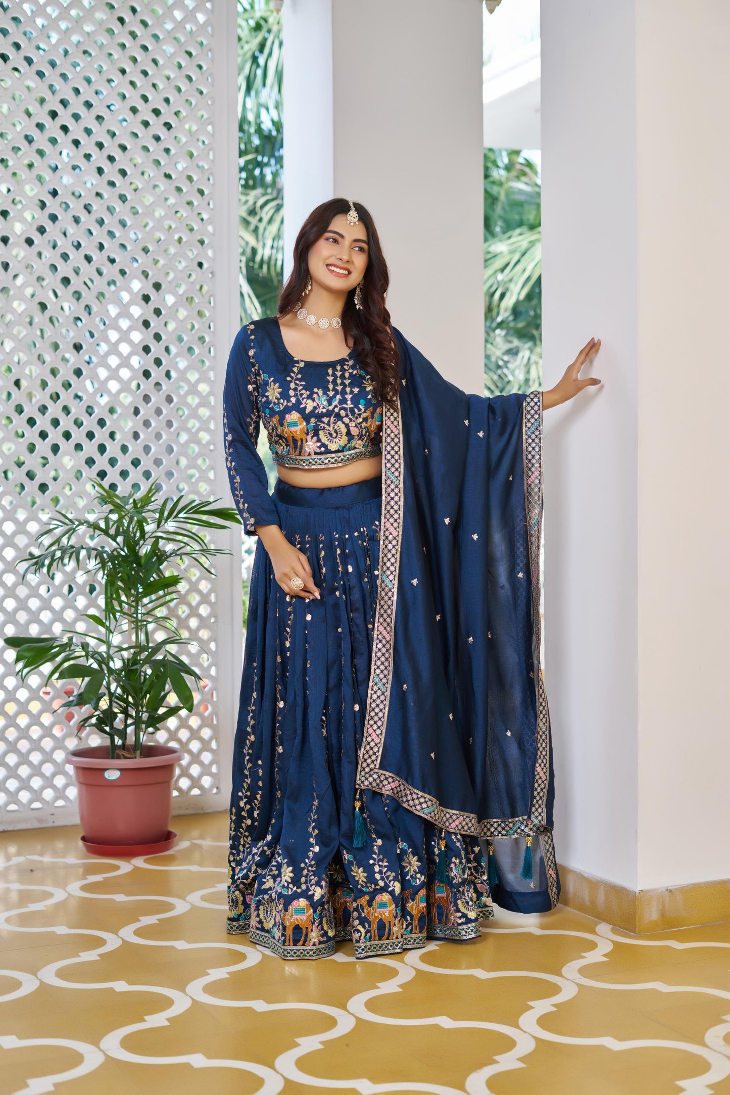 Women's Pure Vichitra Silk Embroidered Lehenga Choli Set with Sequins & Thread Work Dupatta