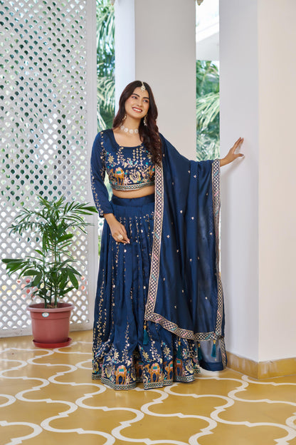 Women's Pure Vichitra Silk Embroidered Lehenga Choli Set with Sequins & Thread Work Dupatta