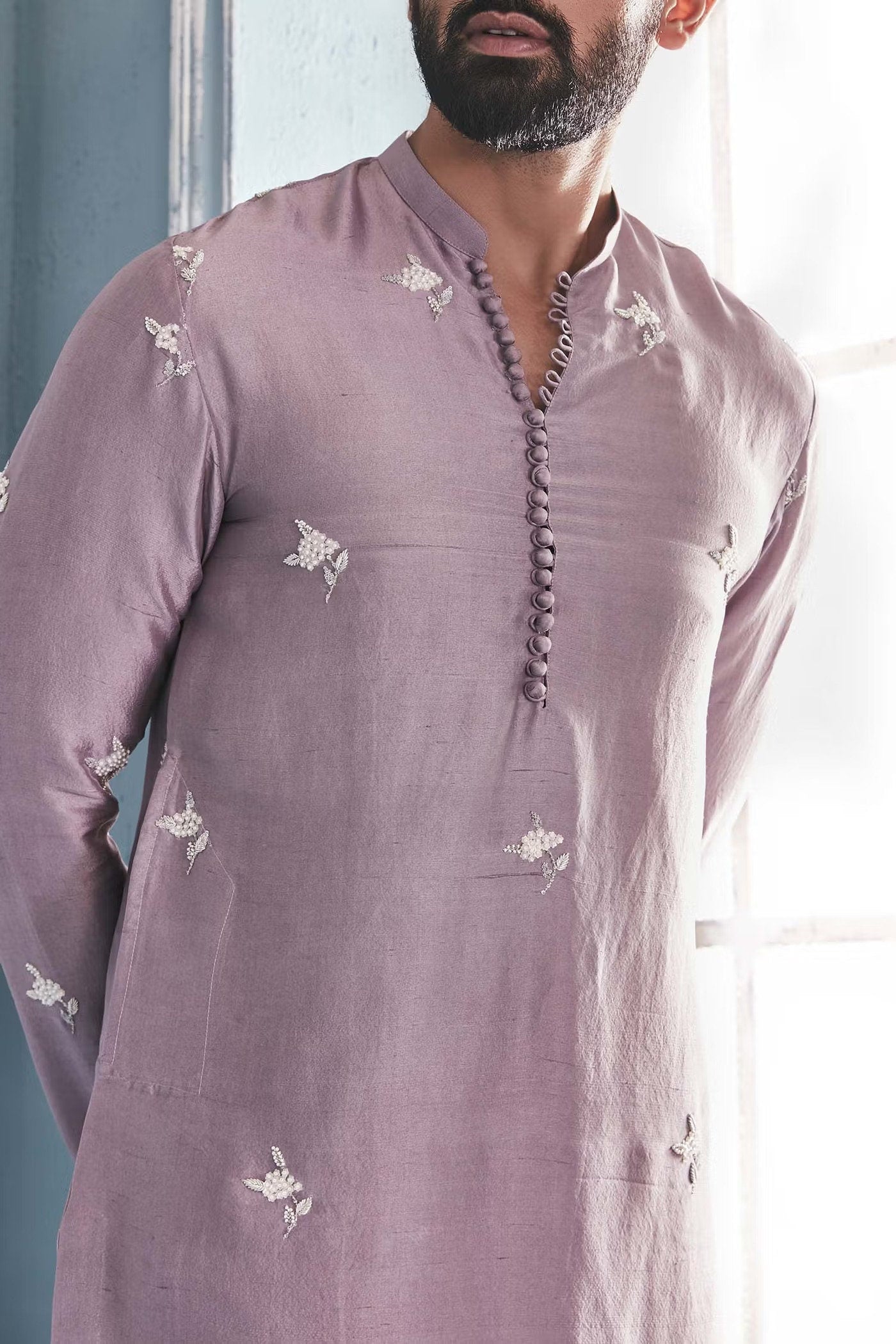 Lilac color Raw silk bespoke embroidery wedding wear kurta Pajama set