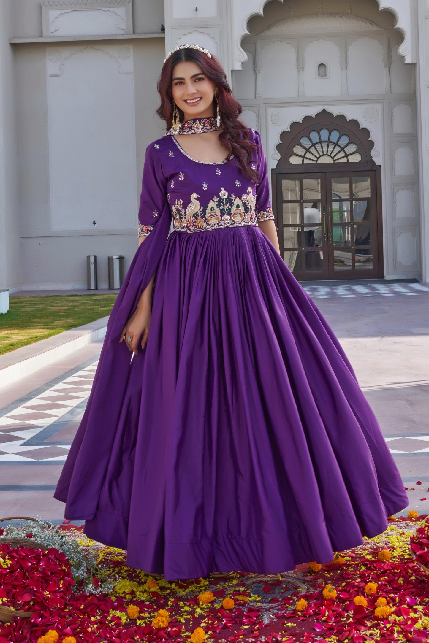 Crepe Silk Embroidered Gown with Dupatta for Women