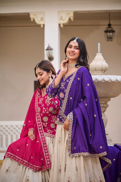 Pure Chinon Heavy Embroidery Cording Sequence Kurti with Tissue Silk Lehenga & Dupatta