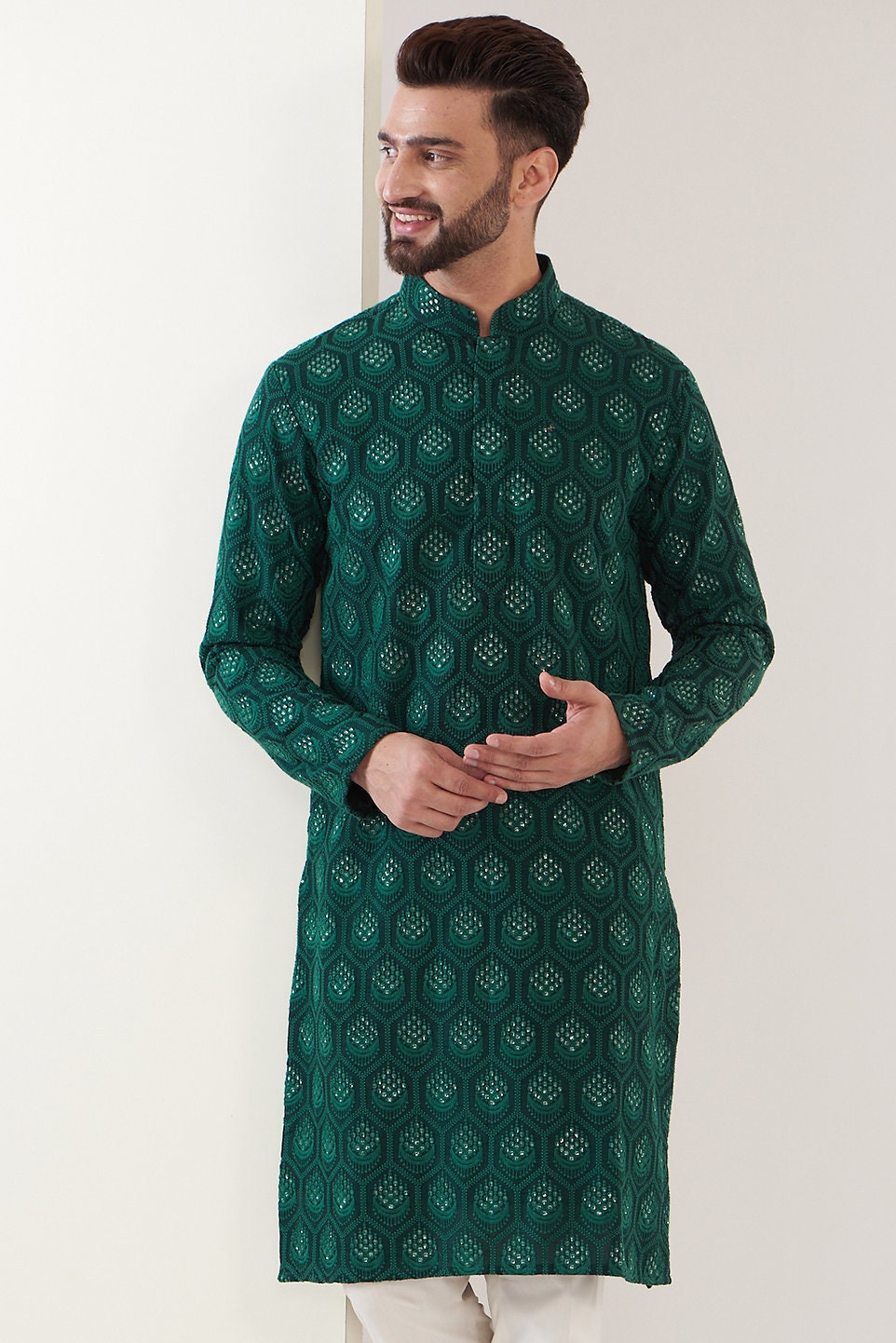 Mens Chikankari Kurta Pyjama Set: Dola Silk Indian Wedding Outfit