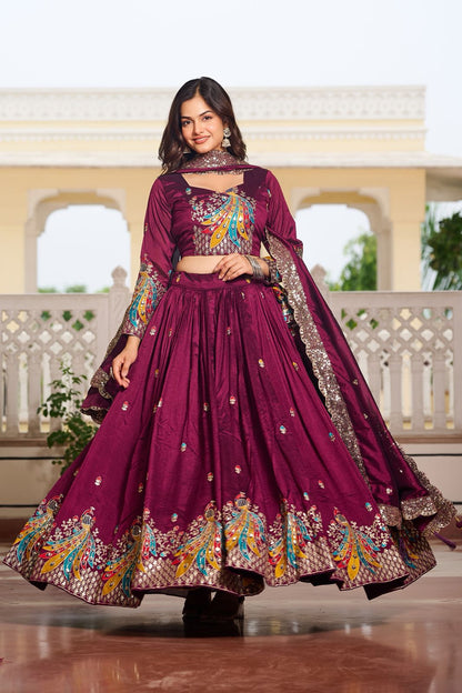 Pure Vichitra Heavy Embroidery Sequence Lehenga Choli with 3mm Embroidered Dupatta