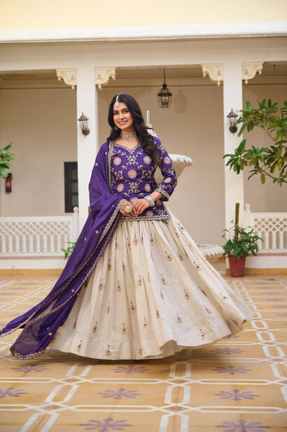 Pure Chinon Heavy Embroidery Cording Sequence Kurti with Tissue Silk Lehenga & Dupatta