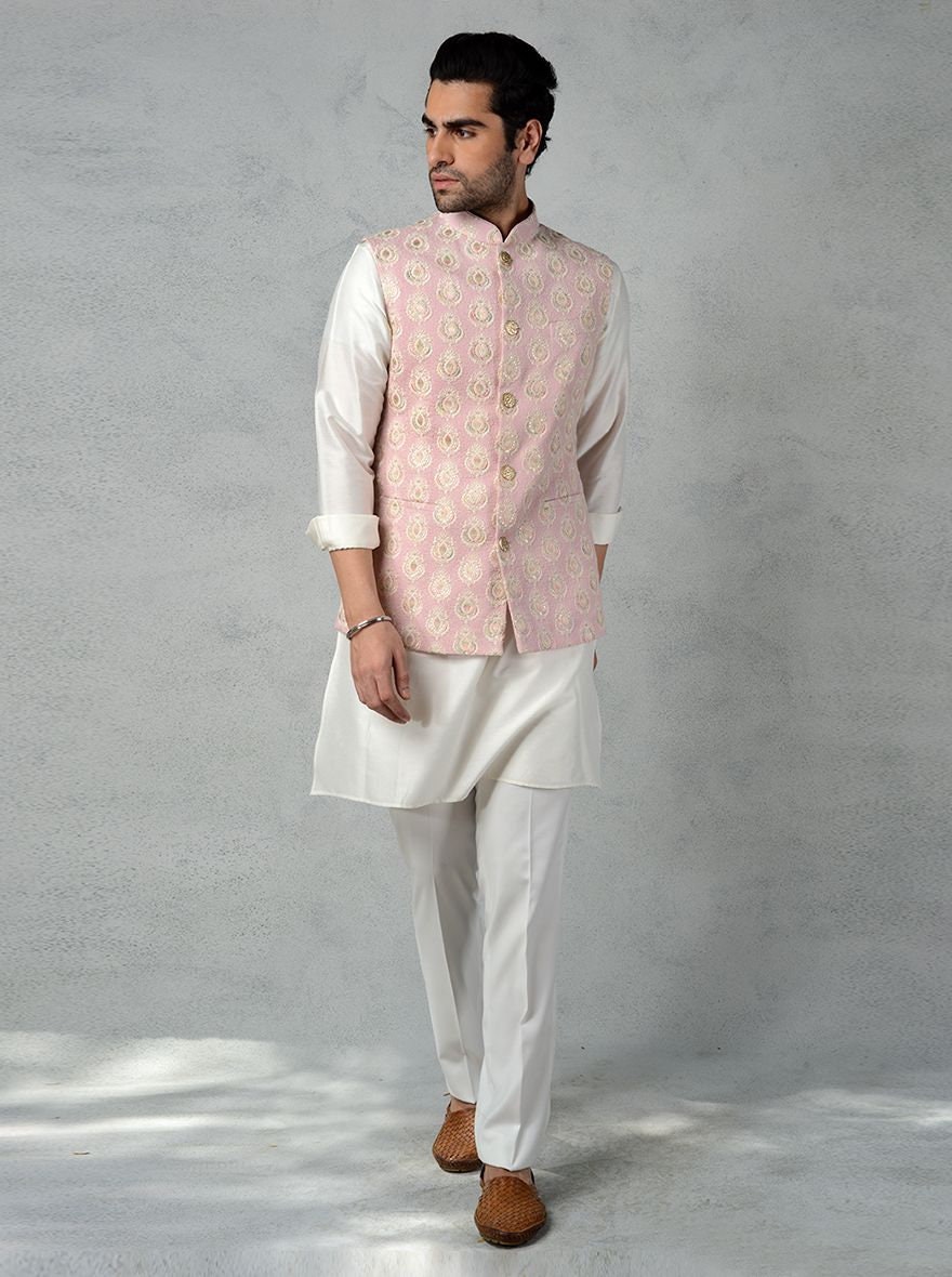 Mens Handmade Embroidered Waistcoat Set: Cotton Kurta Pajama