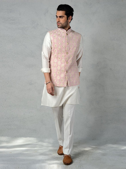 Mens Handmade Embroidered Waistcoat Set: Cotton Kurta Pajama