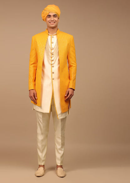 Yellow Colour handmade embroidery mens wedding wear indowestern, function wear, festival wear, embroidery indowestern in menswear