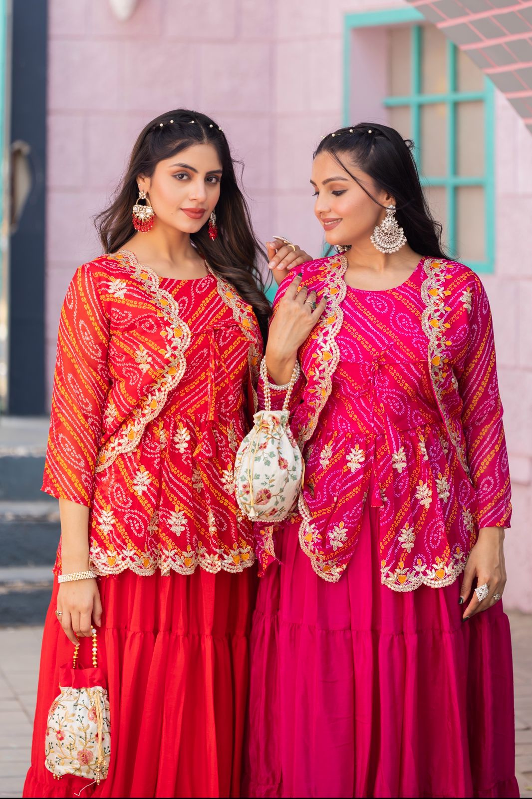 Pure Bandhej Crop Top with Chinon Lehenga & Embroidered Jacket Set – Heavy Thread Work