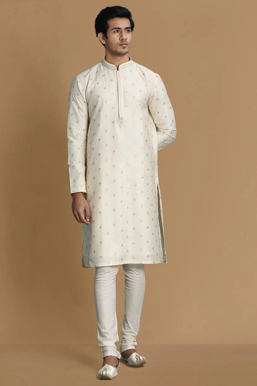 Handmade costom fit tusser silk embroidery kurta churidar set for indian ethnic wear.