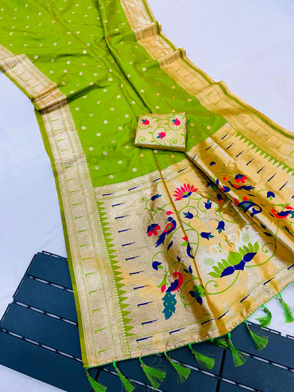 Pure Banarasi Paithani Pallu Saree with All Over Butti Design & Meena Weaving Work, Premium Designer Silk Saree with Full Weaving Blouse