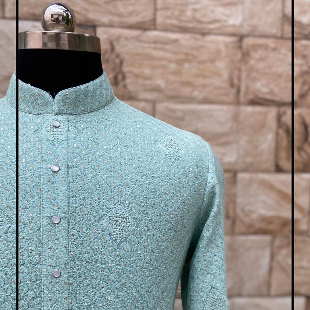 Mens Chikankari Kurta Pajama Set: Georgette Indian Wedding Outfit