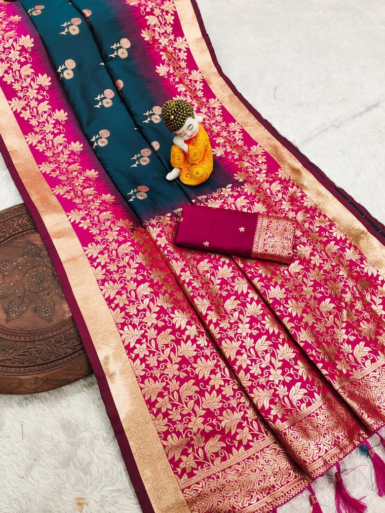 Pure Banarasi Silk Saree with Zari & Meena Work Rich Pallu, All Over Butti Design with Heavy Contrast Border, Soft Traditional Wedding Saree with Contrast Weaving Blouse