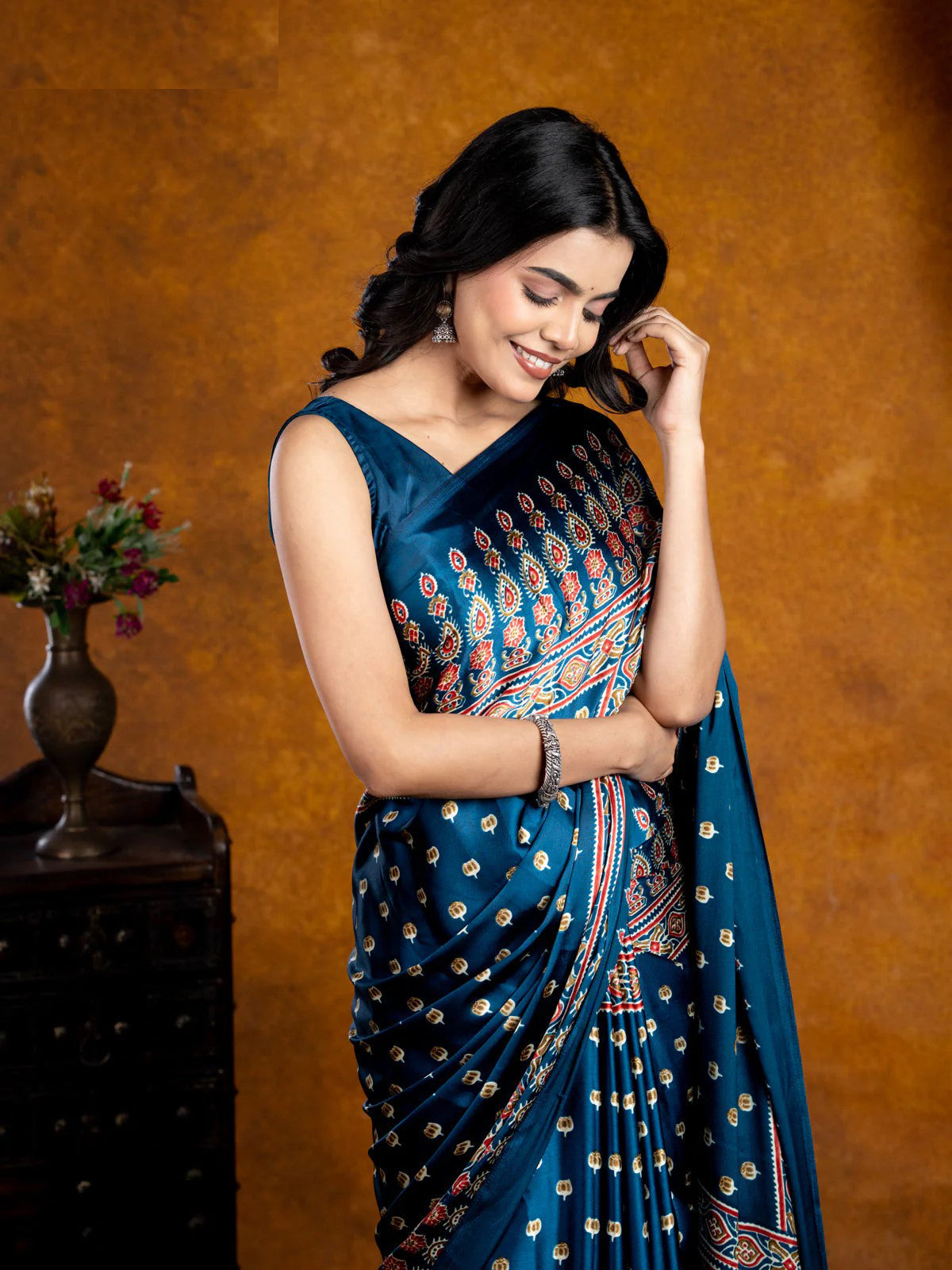 Morpich Ajrakh Modal Silk Saree