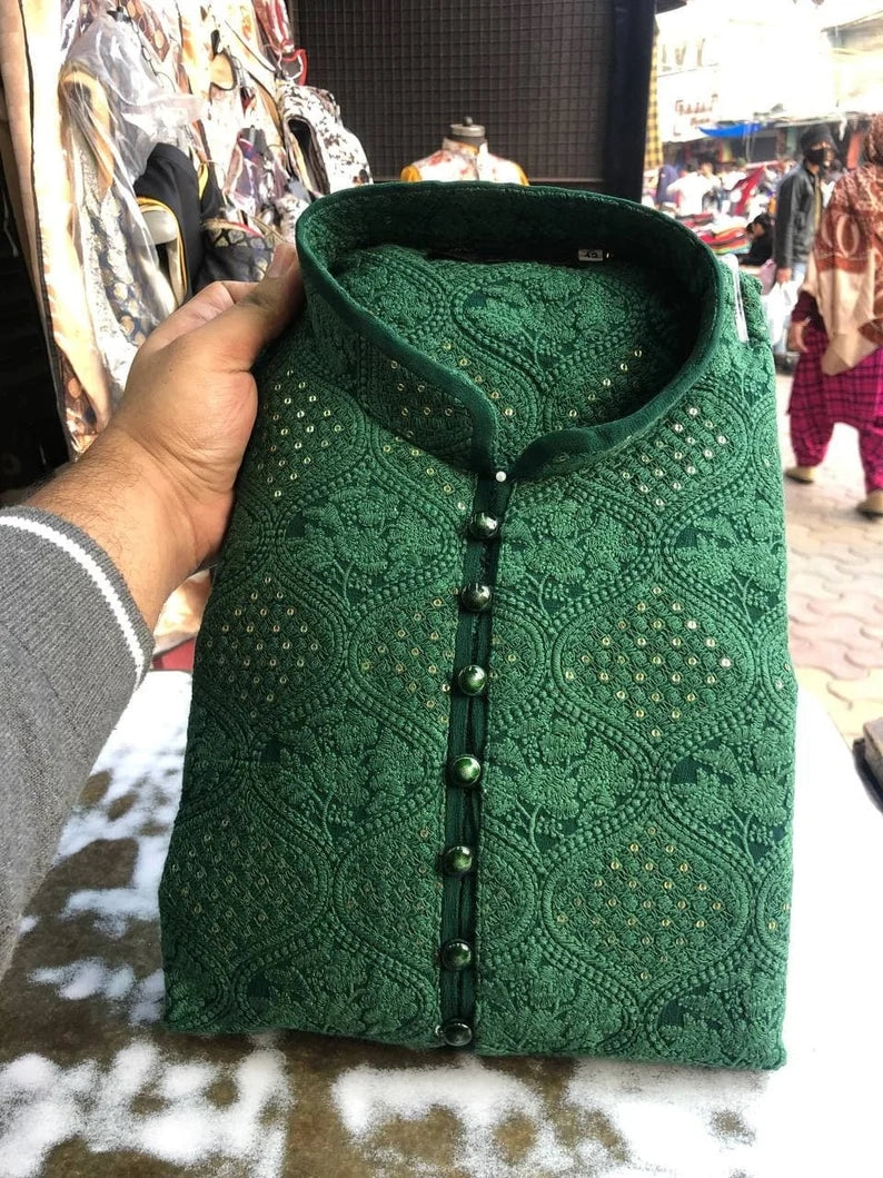 Handmade Chikankari Kurta Pajama Set: Pure Georgette Indian Ethnic Wear