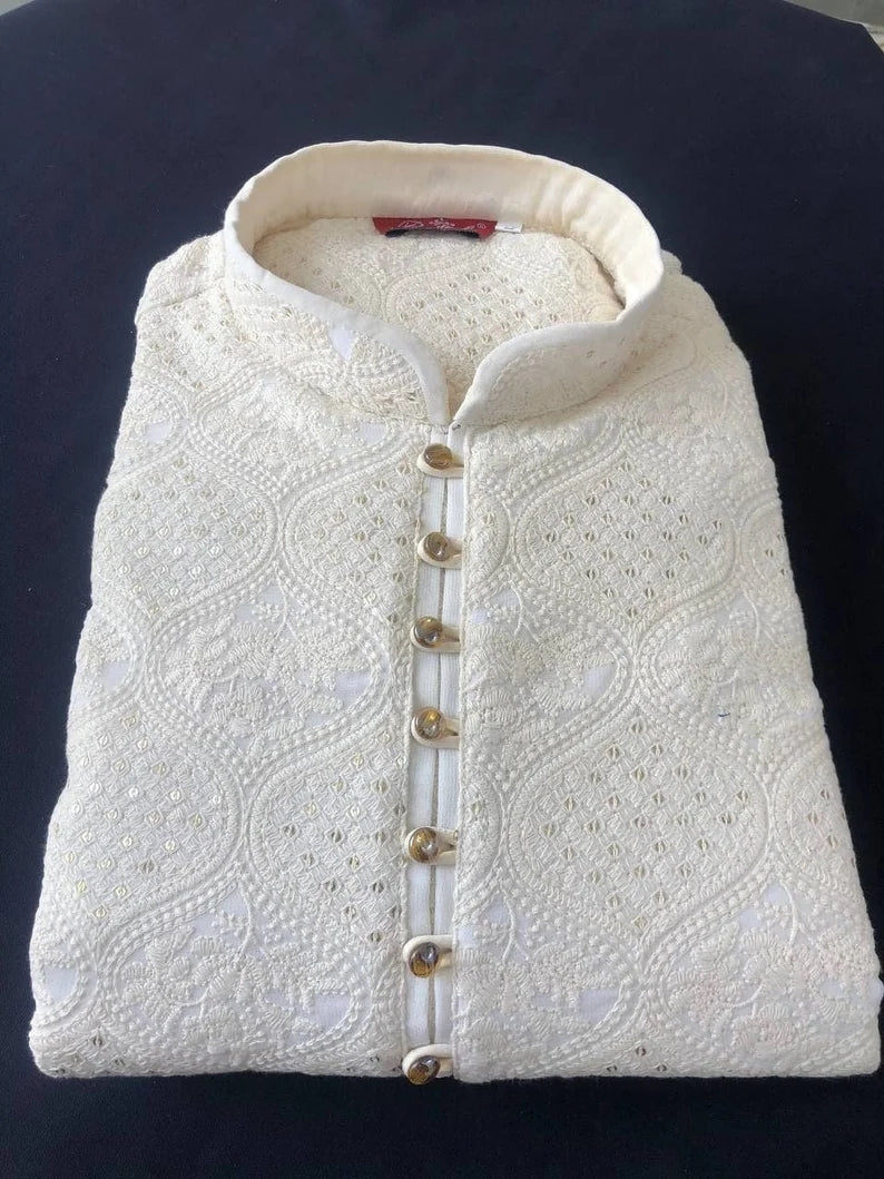 Handmade Chikankari Kurta Pajama Set: Pure Georgette Indian Ethnic Wear