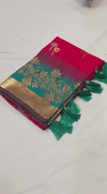 Pure Banarasi Silk Saree with Zari & Meena Work Rich Pallu, All Over Butti Design with Heavy Contrast Border, Soft Traditional Wedding Saree with Contrast Weaving Blouse